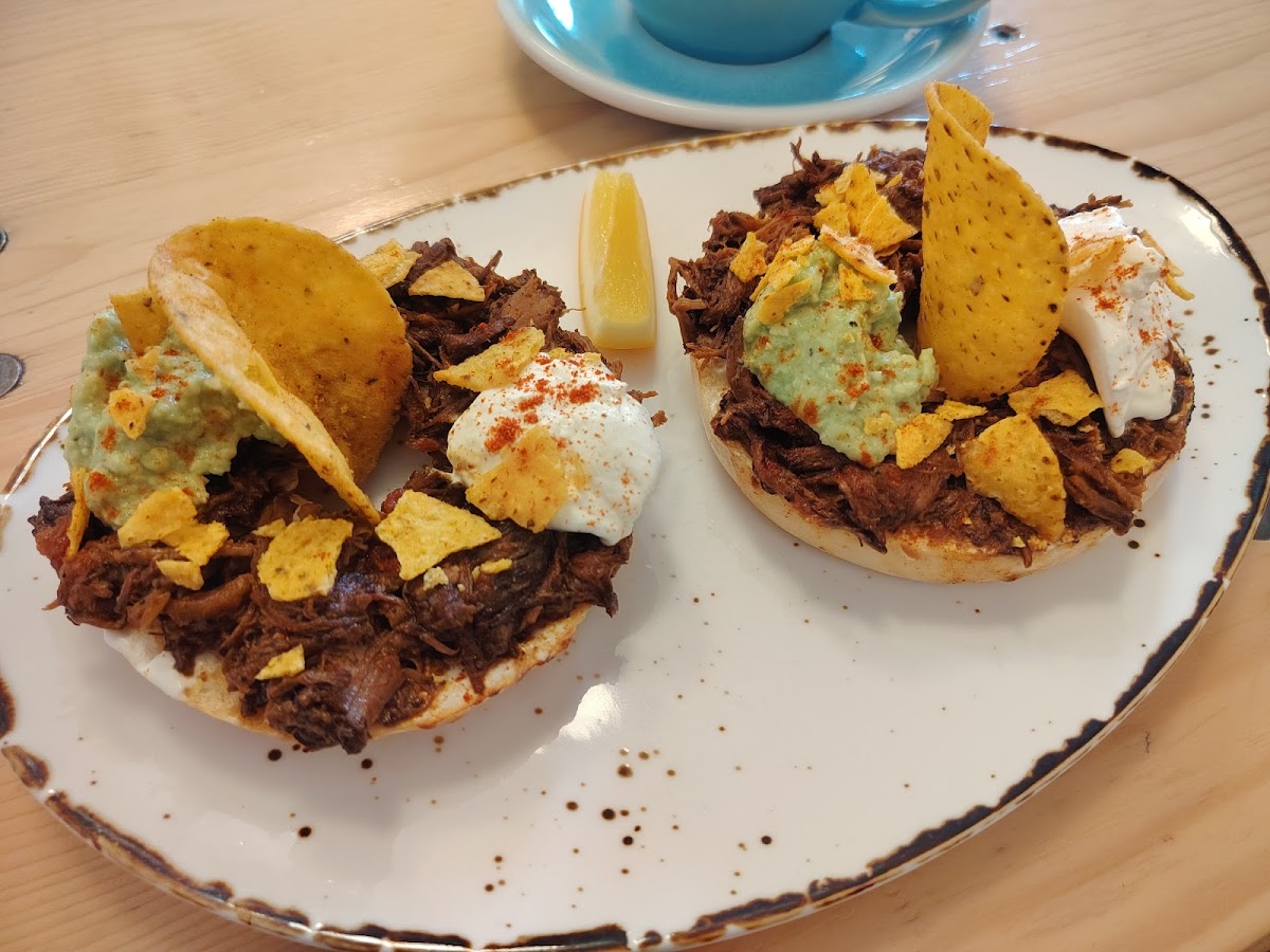 Frida Kahlo bagels with pulled beef and corn chips